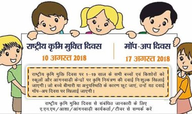 10 अगस्त को राष्ट्रीय कृमि मुक्ति दिवस व 17 अगस्त को मॉप-अप दिवस
