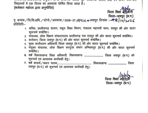 Breaking News: चक्रवाती तूफान के खतरे के बीच जशपुर में कल स्कूल बंद